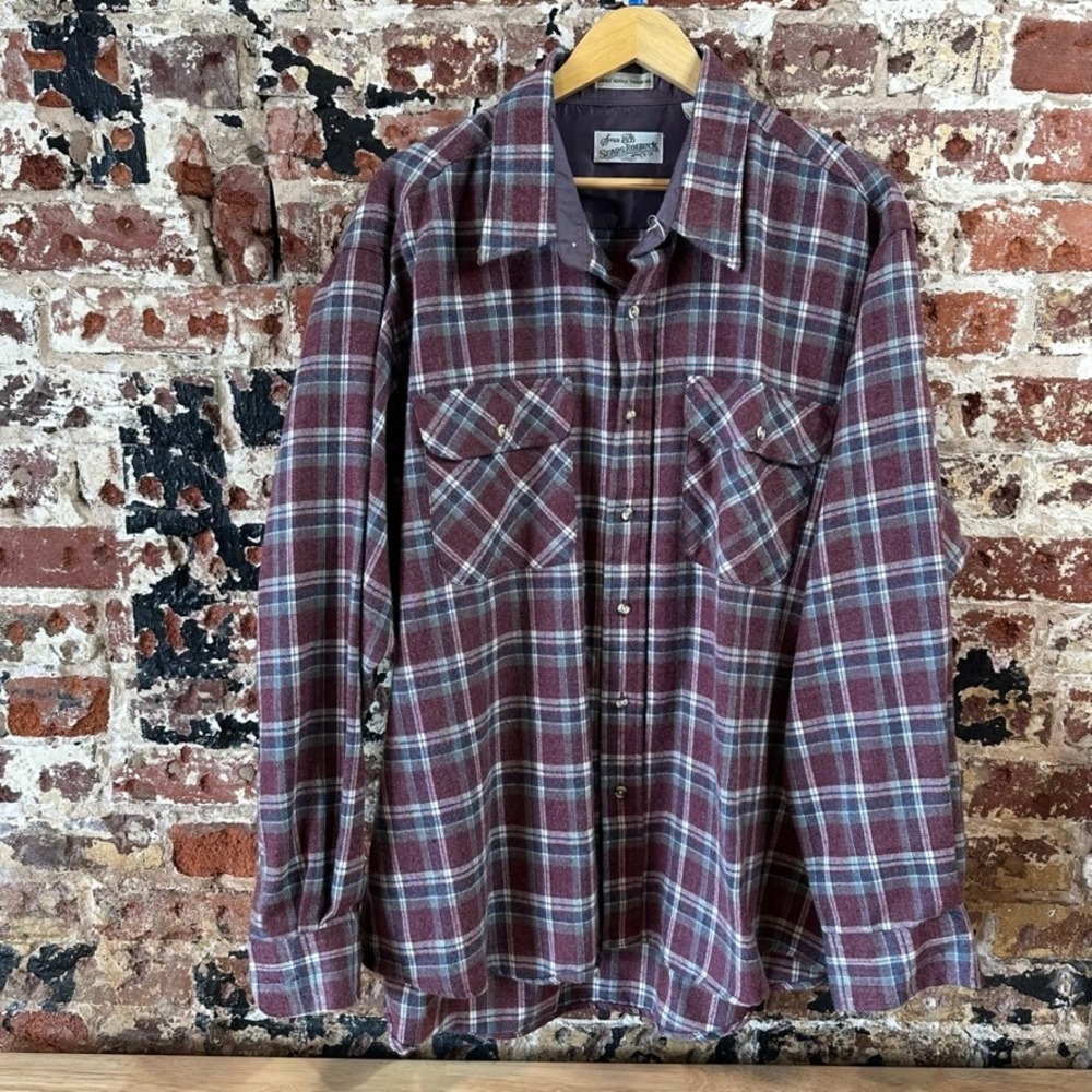 Vintage Sears Flannel Shirt USA Mens 2XL Workwear Purple Plaid Flap